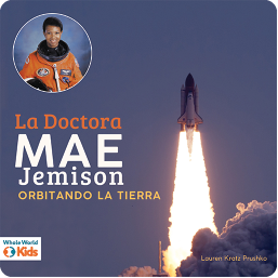 Space shuttle blasting off against a black sky with a headshot of Dr. Mae Jemison, an African American woman in an orange spacesuit, in the lower right corner