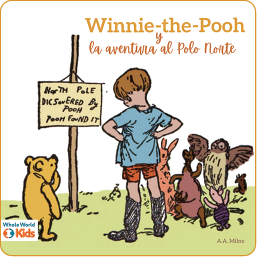 A boy and a group of stuffed animals all look at a wooden pole with a sign on it.