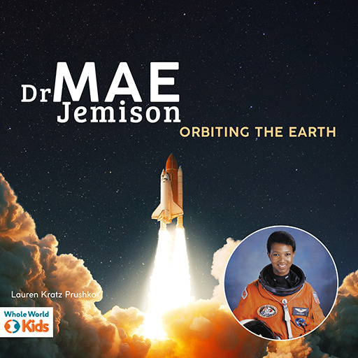 Dr. Mae Jemison in a spacesuit with a space shuttle launch behind her.